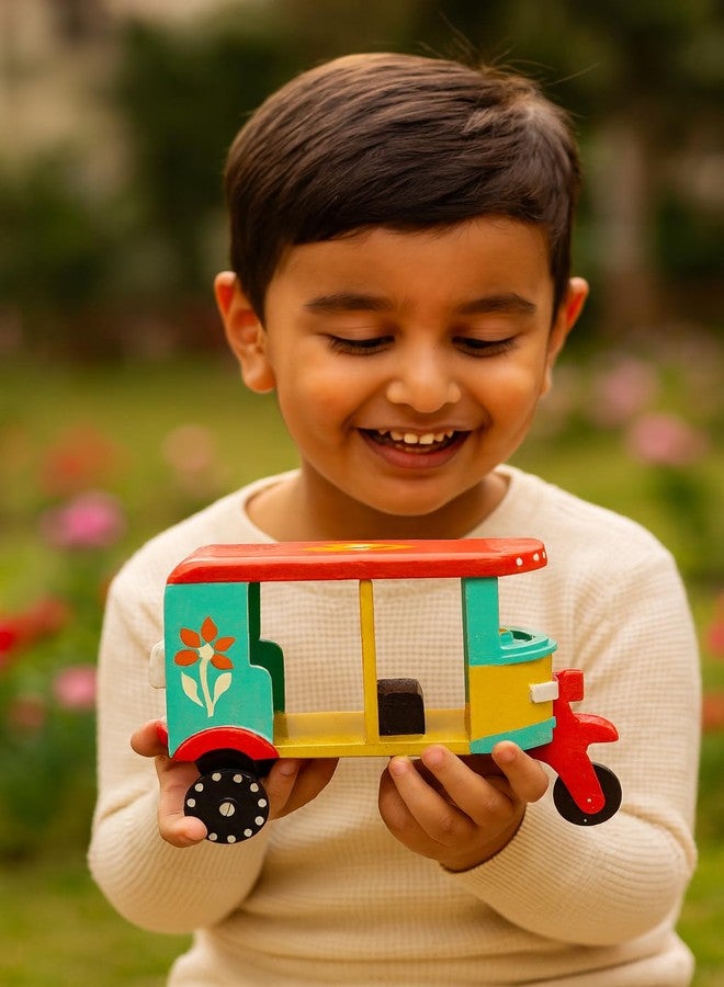 Toolart® Wooden Handcrafted Hand-Painted Auto Rickshaw Toy for Kids | Traditional Push & Pull Wooden Toy Showpiece | Best Birthday Return Gift (Small_Auto_Parent) (08r) - Image 2